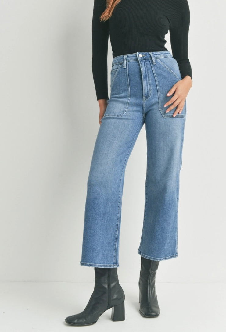 High Rise Cargo Pocket Wide Leg in Light Denim