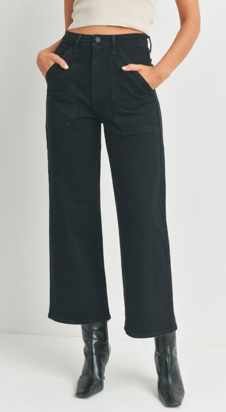 High Rise Cargo Pocket Wide Leg in Black