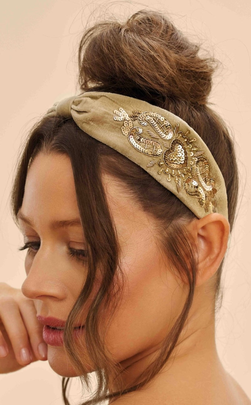 Sage Heart Embellished Velvet Headband