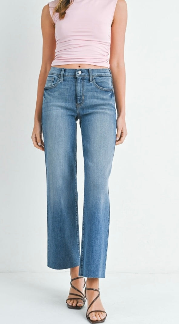 Palazzo Jean in Medium Denim with Frayed Hem