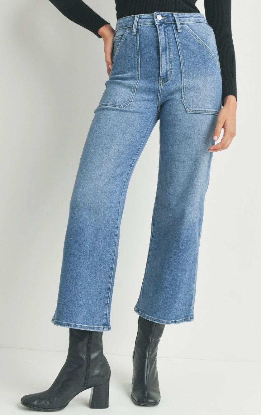 High Rise Cargo Pocket Wide Leg in Light Denim