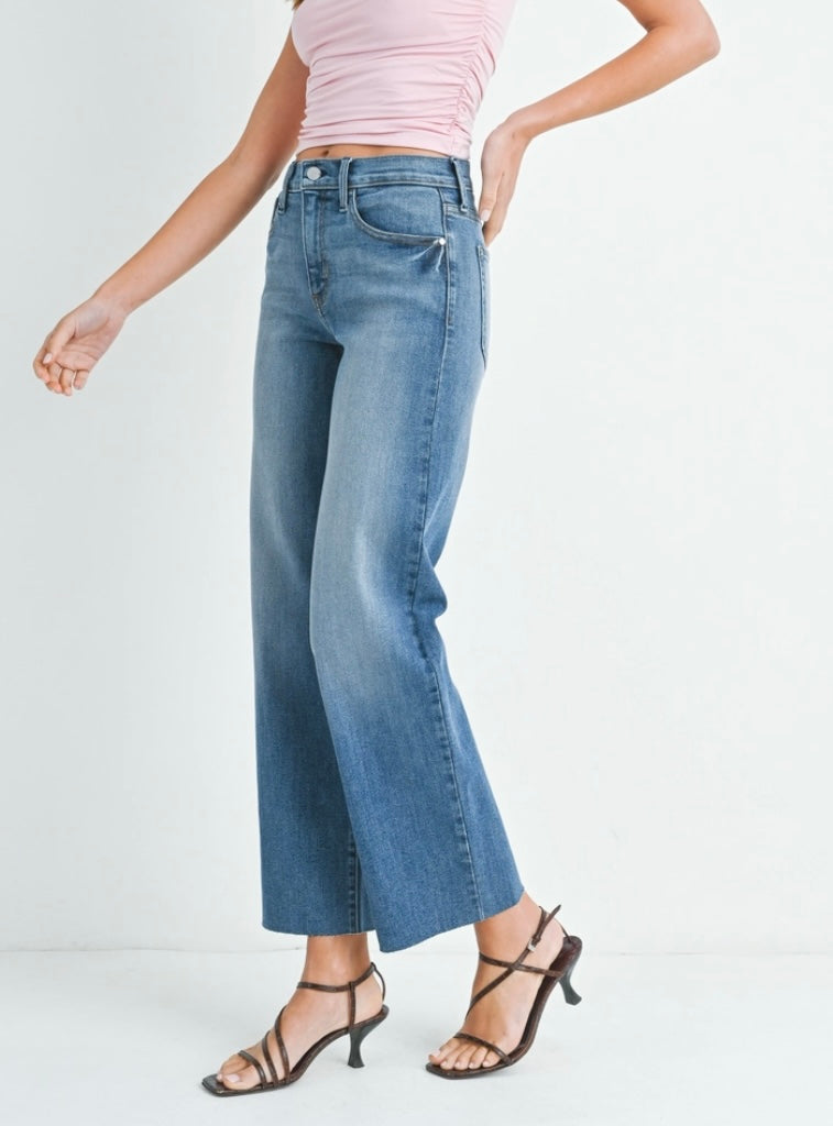 Palazzo Jean in Medium Denim with Frayed Hem