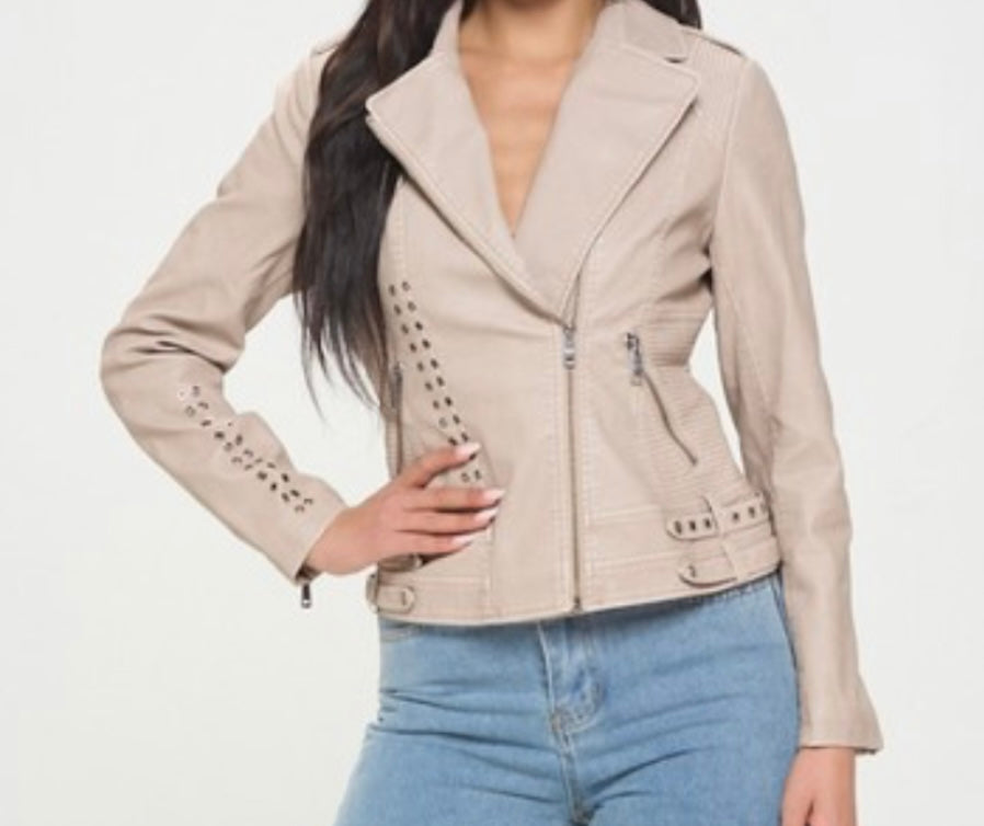 Izzy Classic Vegan Leather Jacket in Cream