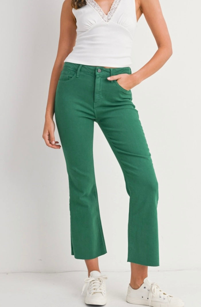 Green High Rise Tonal Cropped Flair Jeans